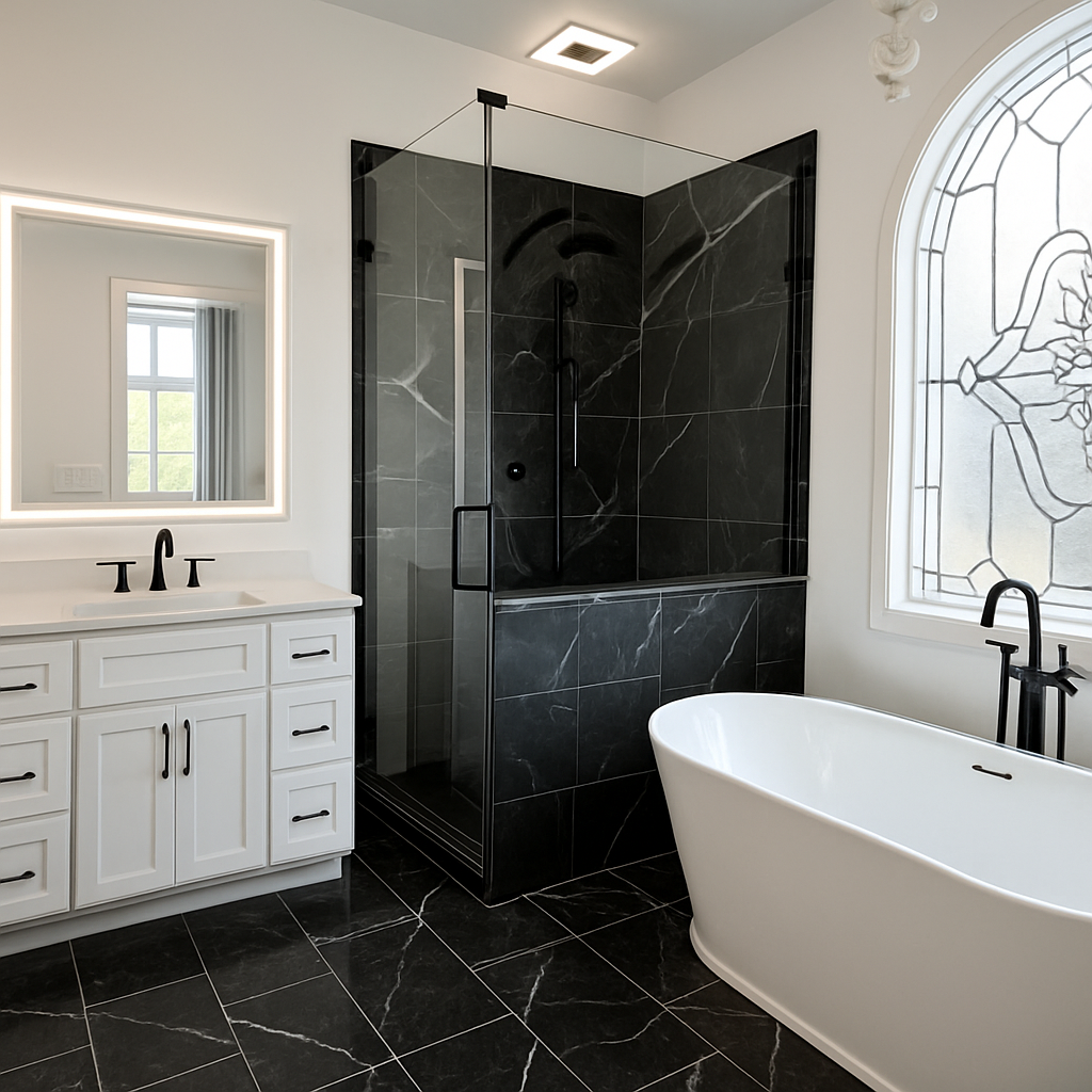 Black marble shower remodel with glass door.